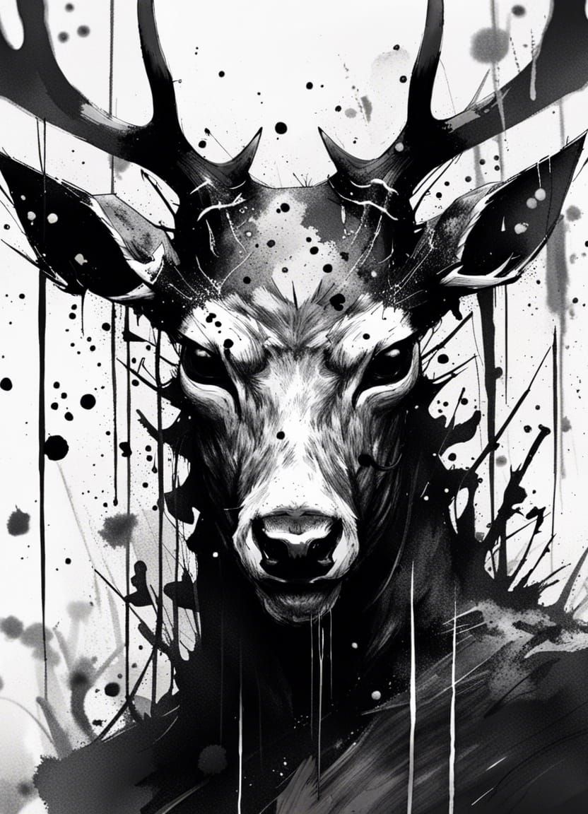 Terrifying Deer Demon Portrait in Black and White
