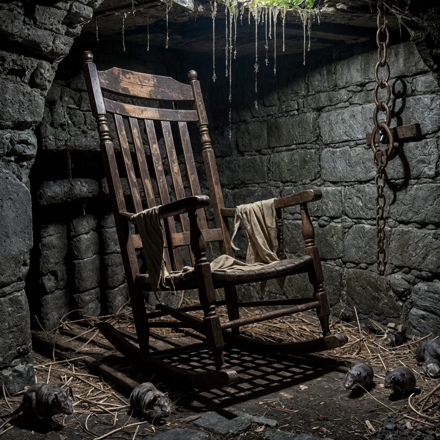Horror Cellar: Old Rocking Chair in Hyperrealistic Detail