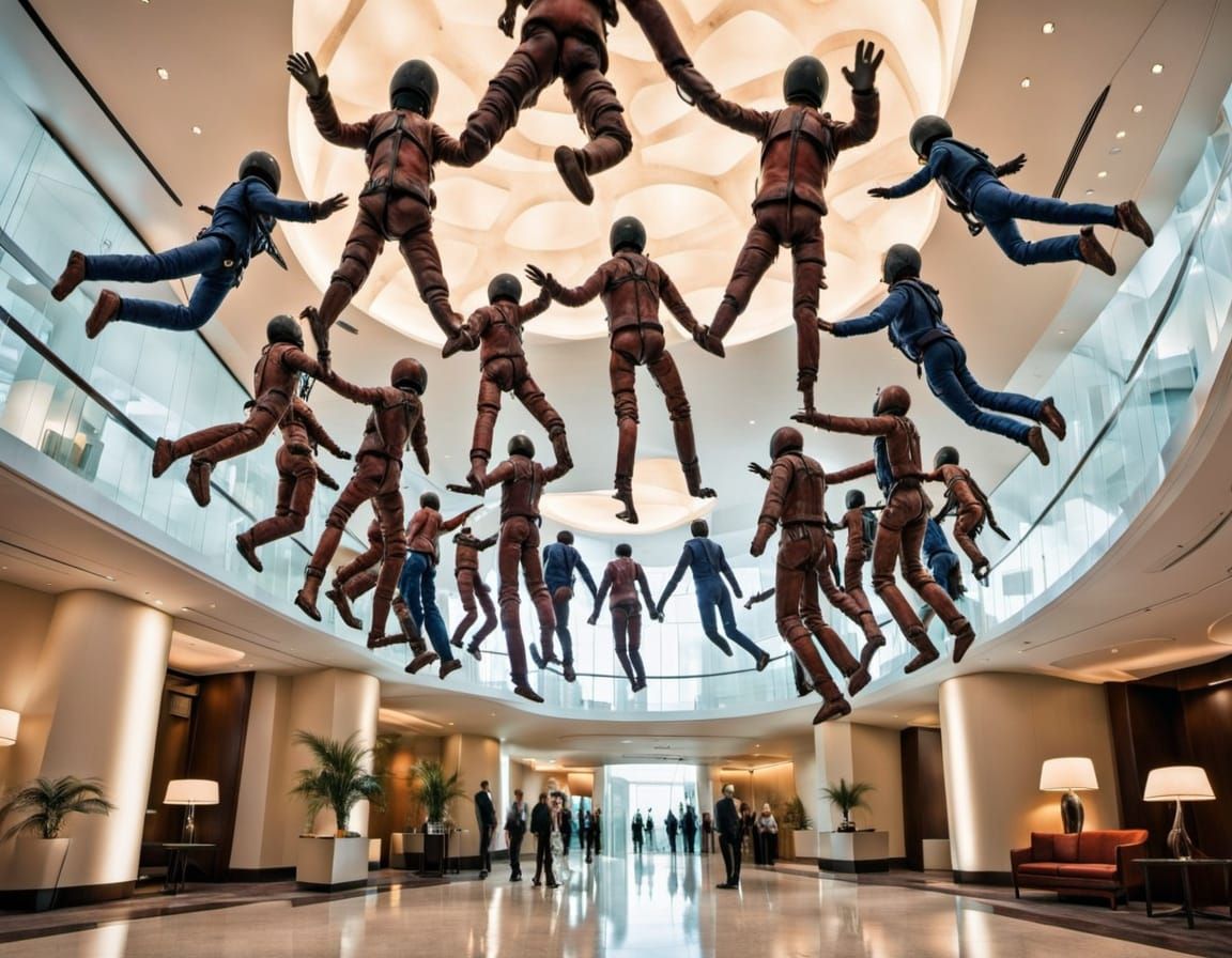 Surreal Sculpture Depicts Skydiving Dolls in Luxury Hotel