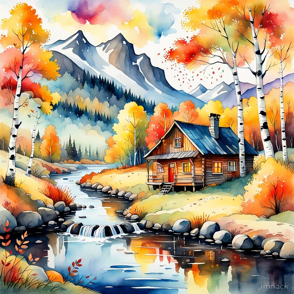 Whimsical Watercolor Autumn Landscape with Colorful Trees