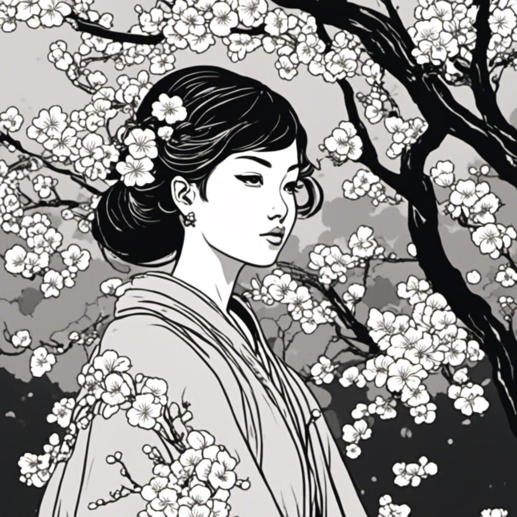 Girl in Cherry Blossom Garden Coloring Book