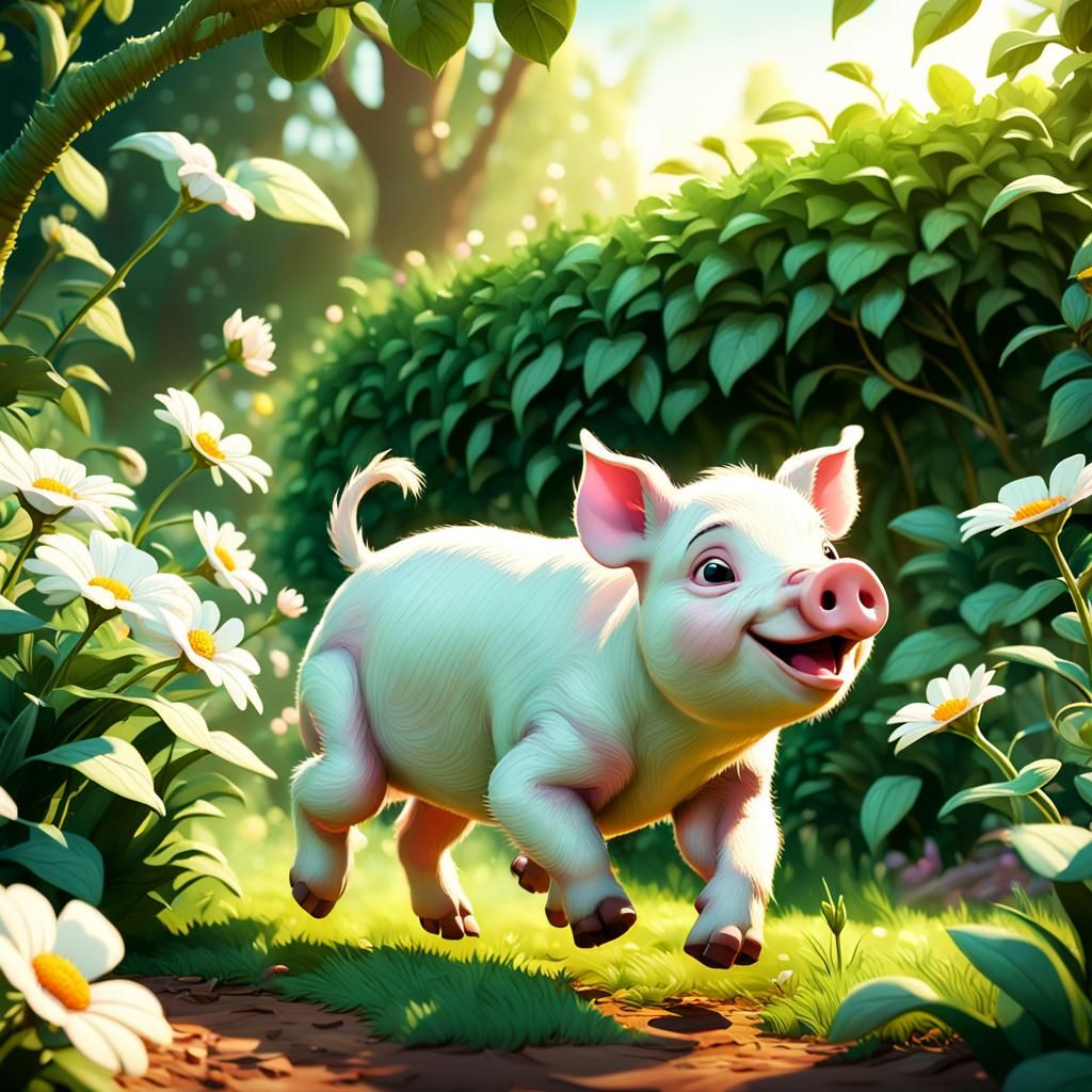 Joyful Piglet in Lush Garden: 3D Digital Art