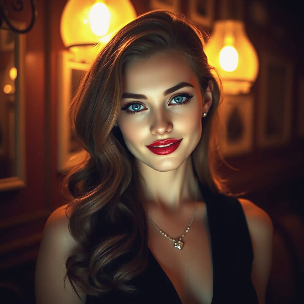 Ethereal Woman in Chic Black Top and Delicate Necklace