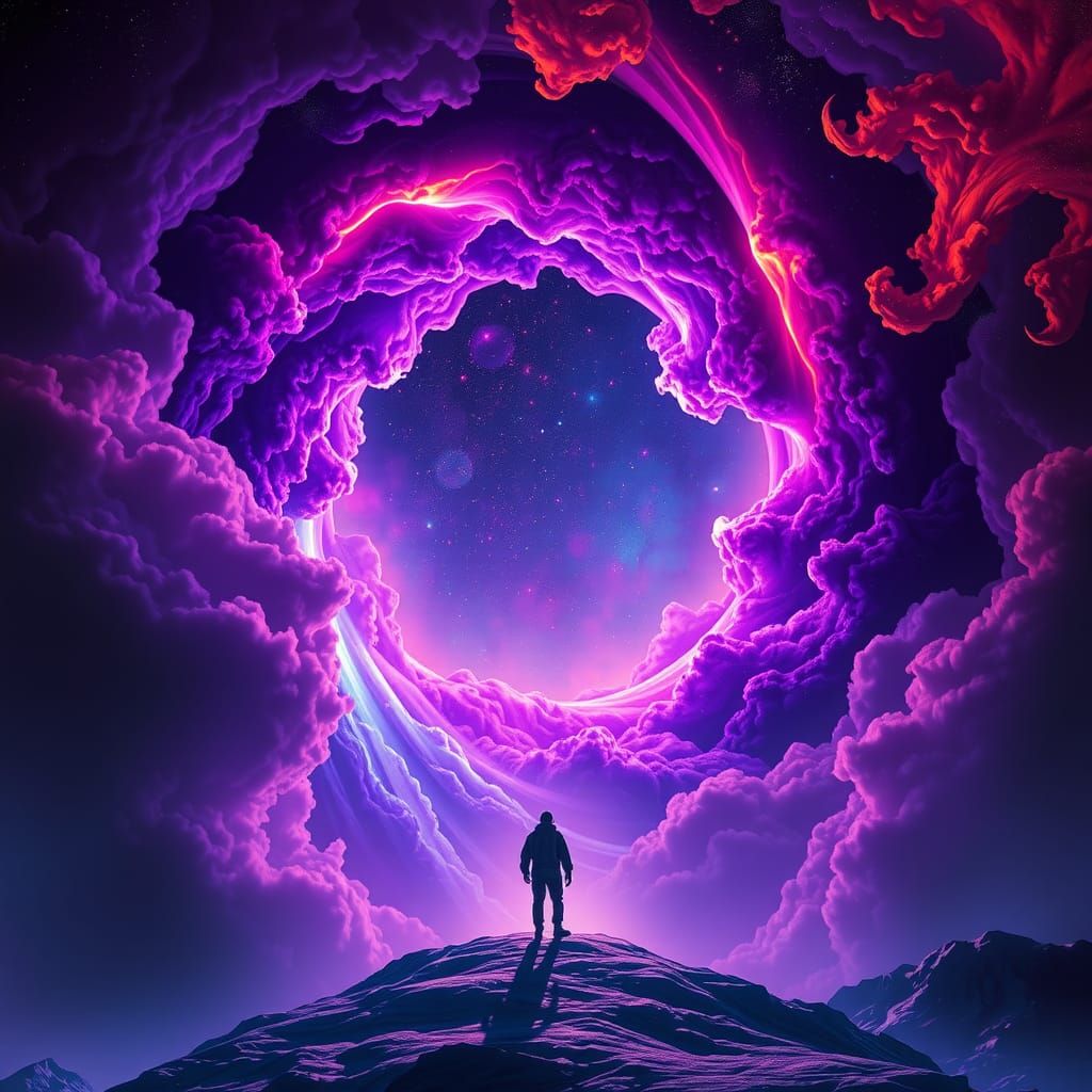 Cosmic Voyager at Iridescent Portal in Dreamlike Surrealism