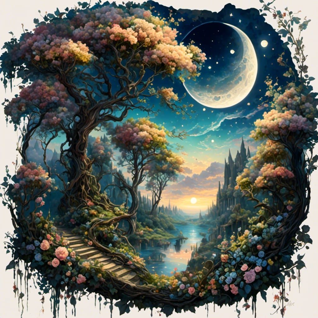 Fantasy Landscape with Three Moons in Night Sky