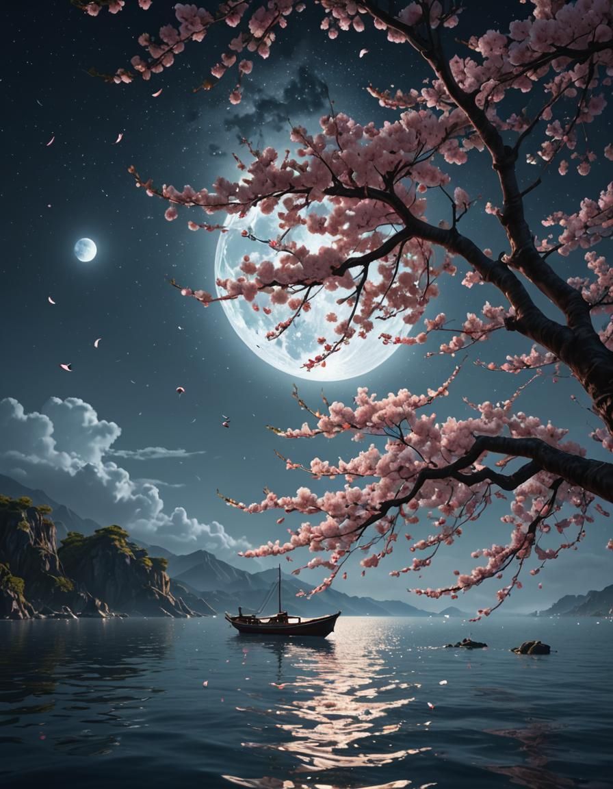 Moonlit Cherry Blossom Tree on Ocean, Fantasy Art