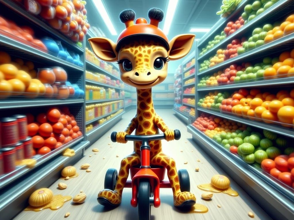 A Giraffe Rides a Tricycle in a Supermarket, in Action Paint...