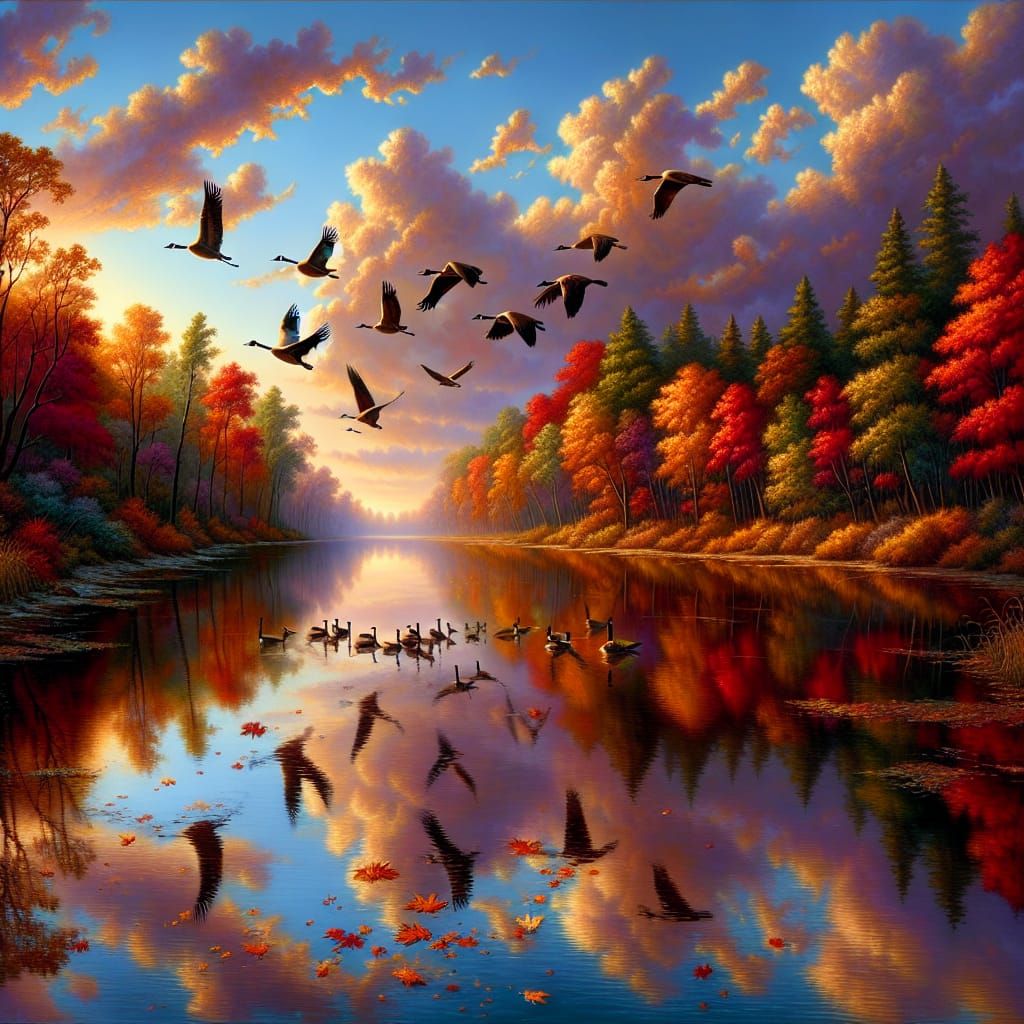 Autumn Landscape with River and Birds in Flight