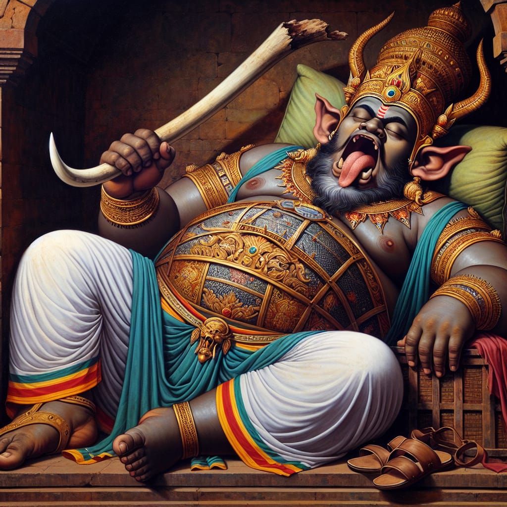 Kumbhakarna: The Sleeping Giant in Romantic Art Style