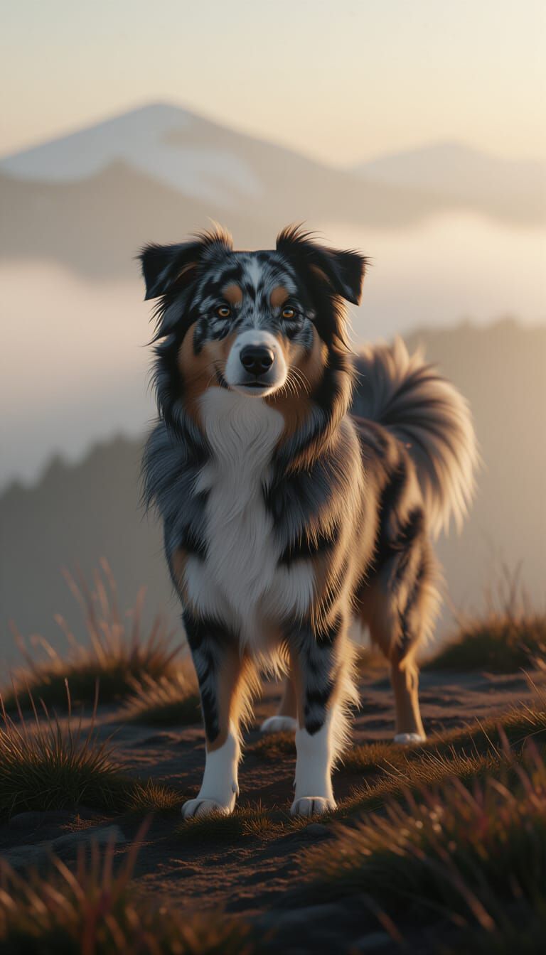 Dog on Misty Hilltop with Cinematic Lighting