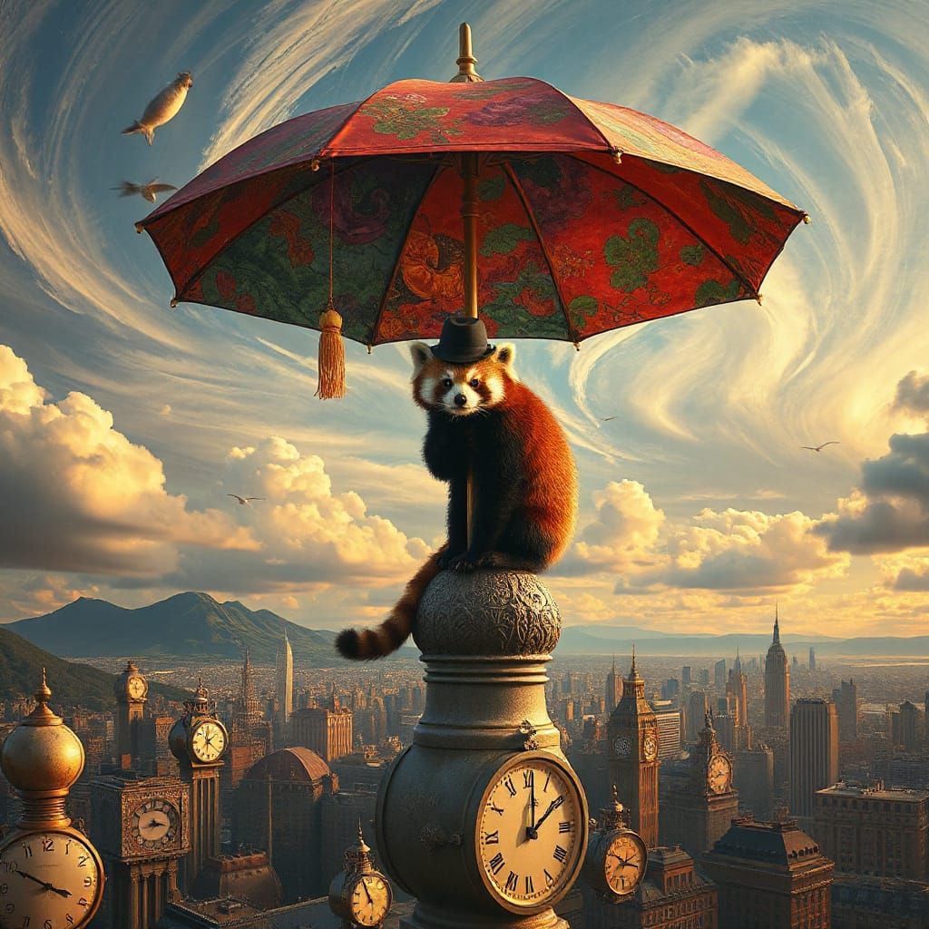 Red Panda in Bowler Hat on Floating Umbrella