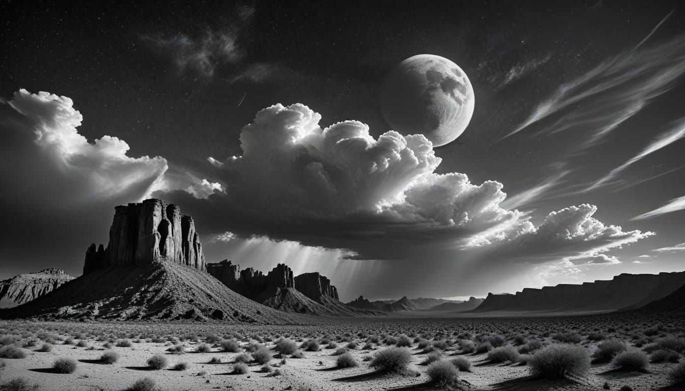 Moonlit Desert Panorama in High Contrast Black and White