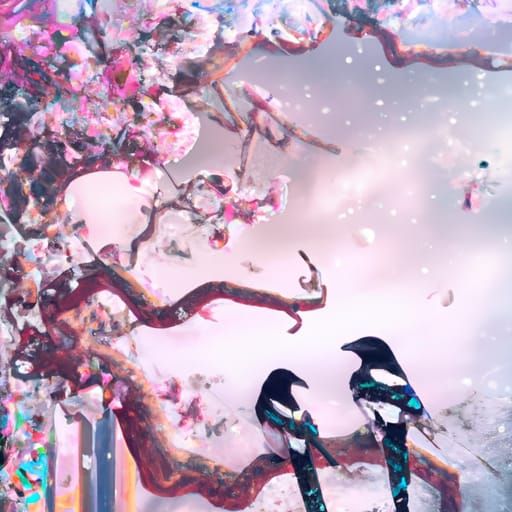 Magpies in Winter Cherry Tree: Pastel Landscape