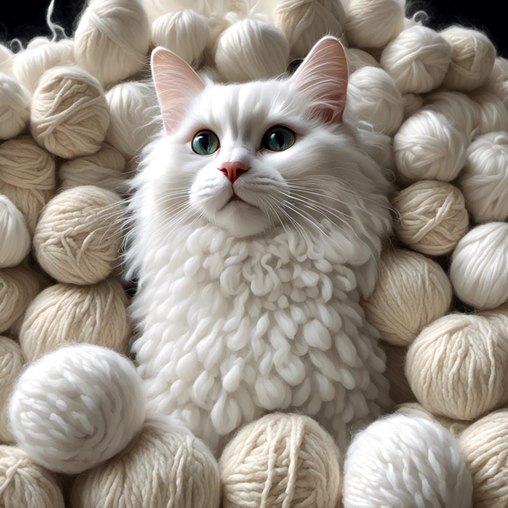 White Cat Hiding in Wool Balls and Knitting