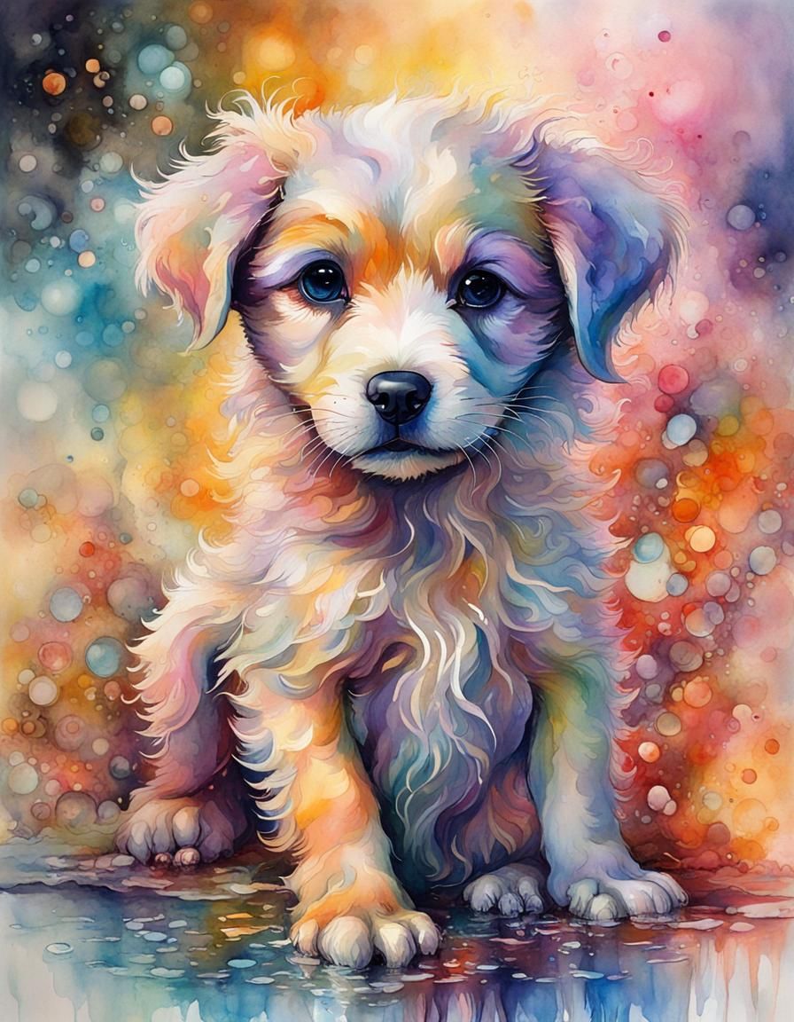 Fantasycore Puppy in Splashy Watercolor Style