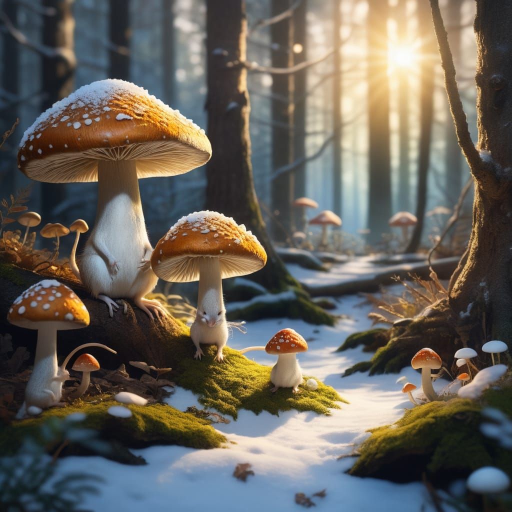 Enchanted Forest Sunlight with Mice and Glowing Mushrooms