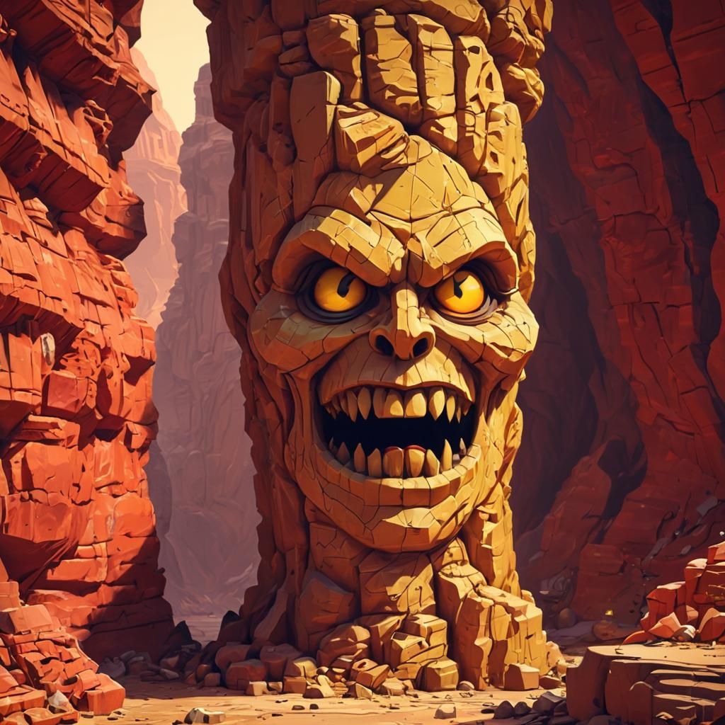 pixel art giant yellow rock twisted column with a demonic face carved on it, inside a giant red cavern