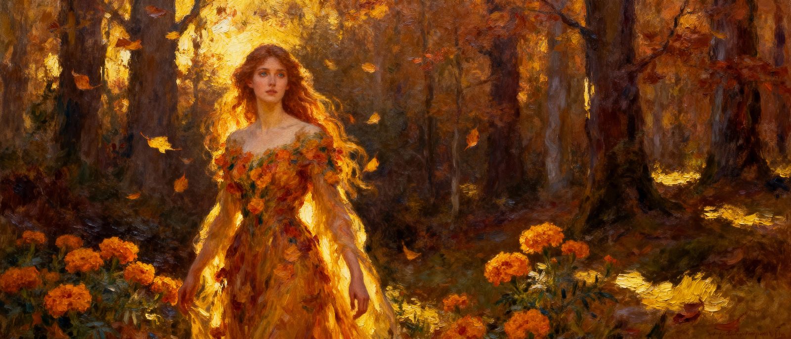 Ethereal Autumn Marigold Woman in Forest