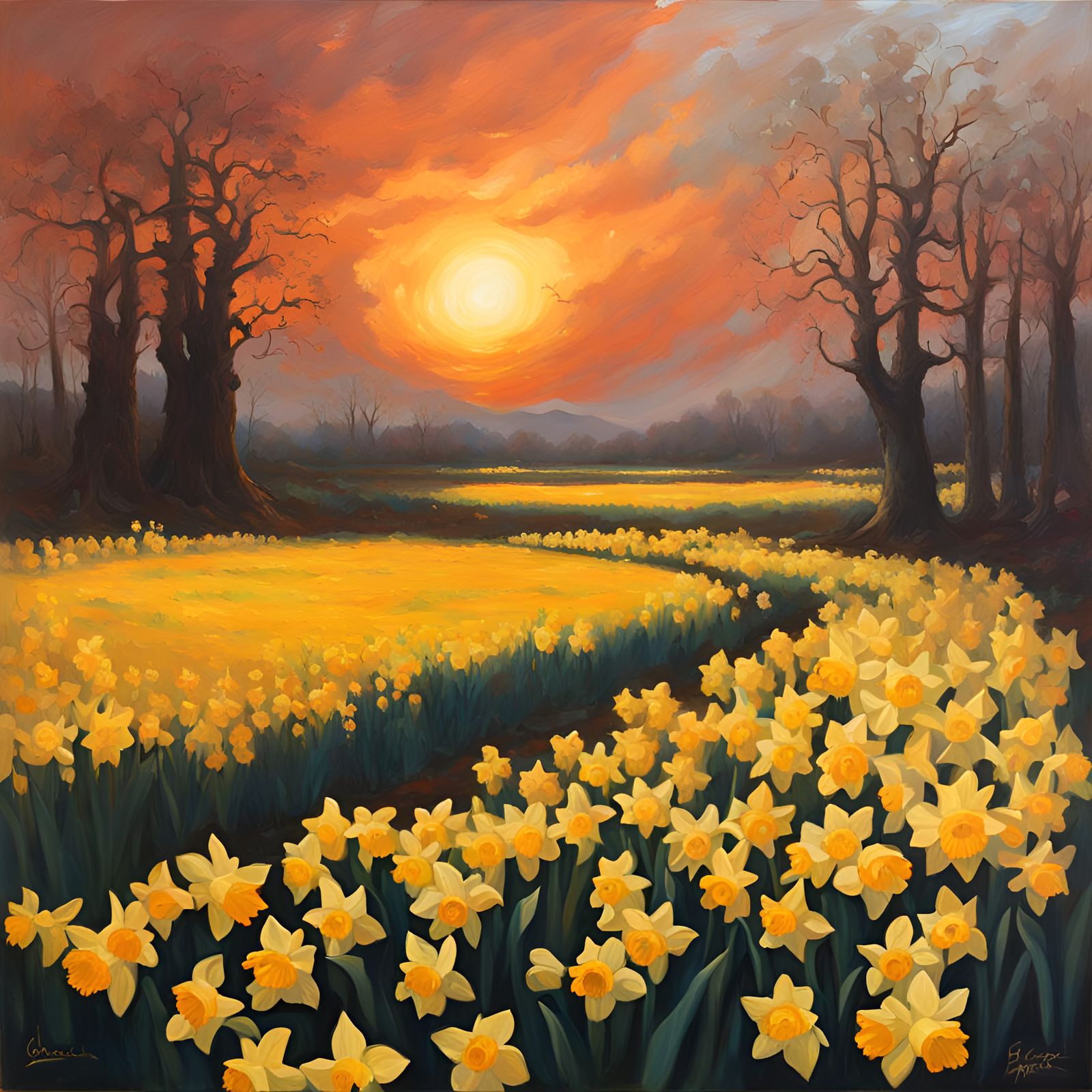 Daffodil Field Sunrise: Dark Fantasy Oil Painting