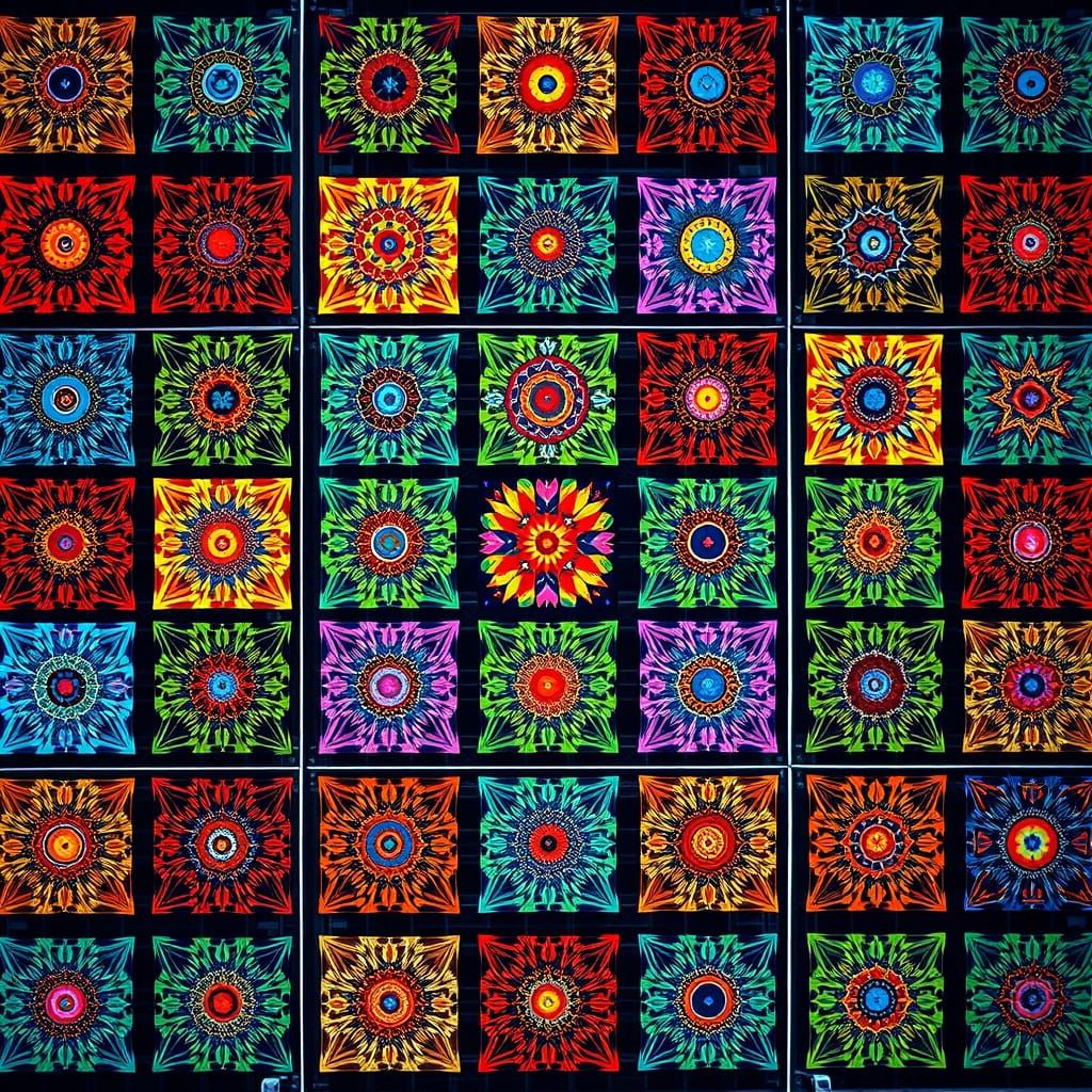 Hyperrealistic Grid of Kaleidoscopic Squares in Watercolor S...