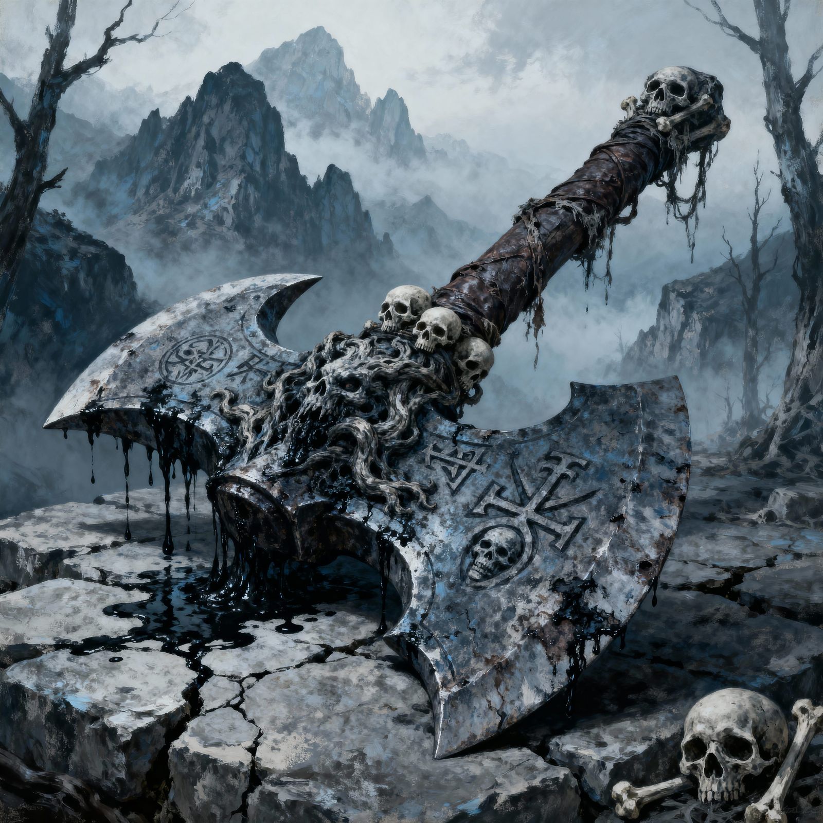 Cursed Battle Axe in Dark Fantasy Style