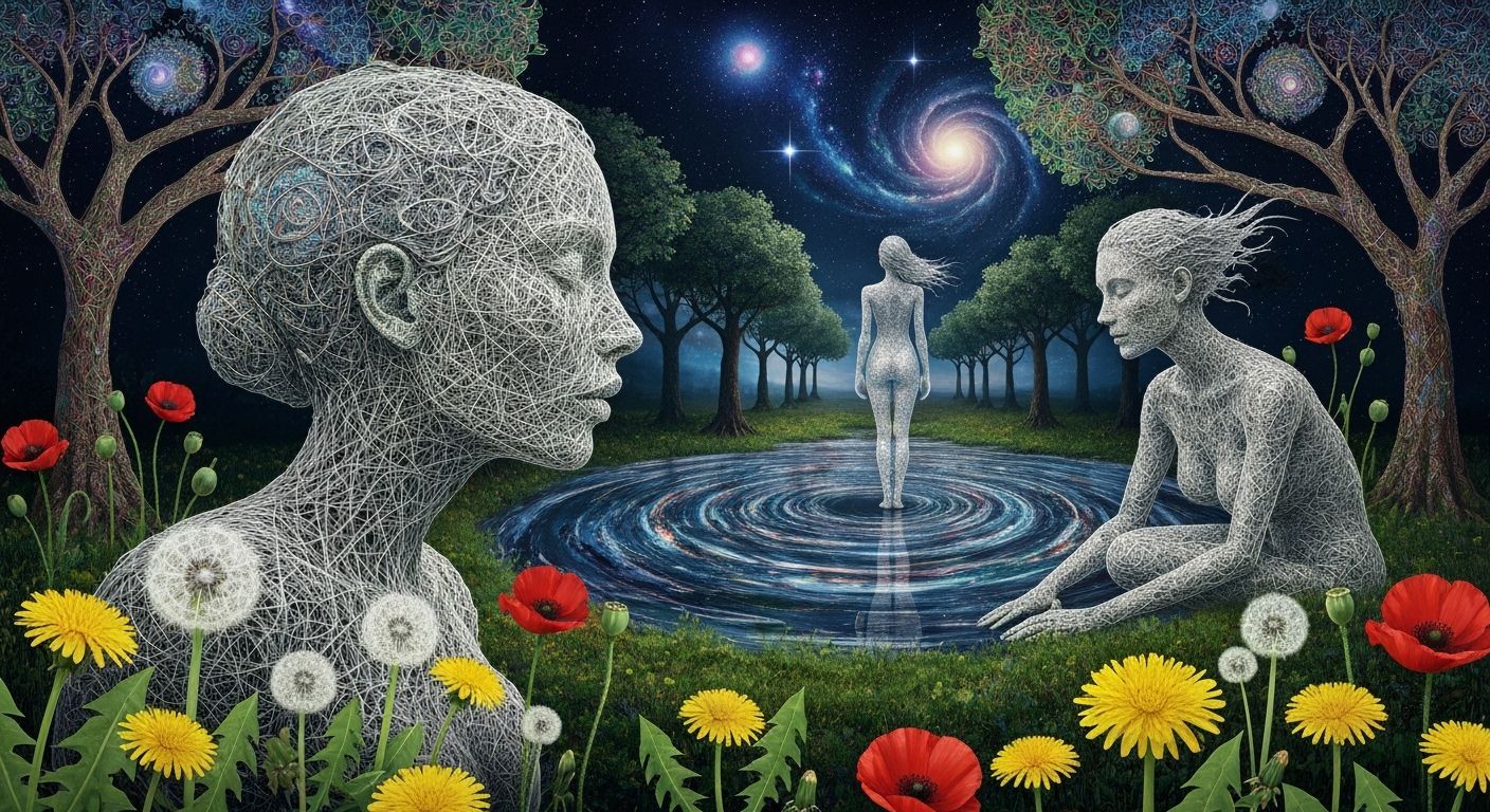 Ethereal Woman Made of Strings Kissing Garden