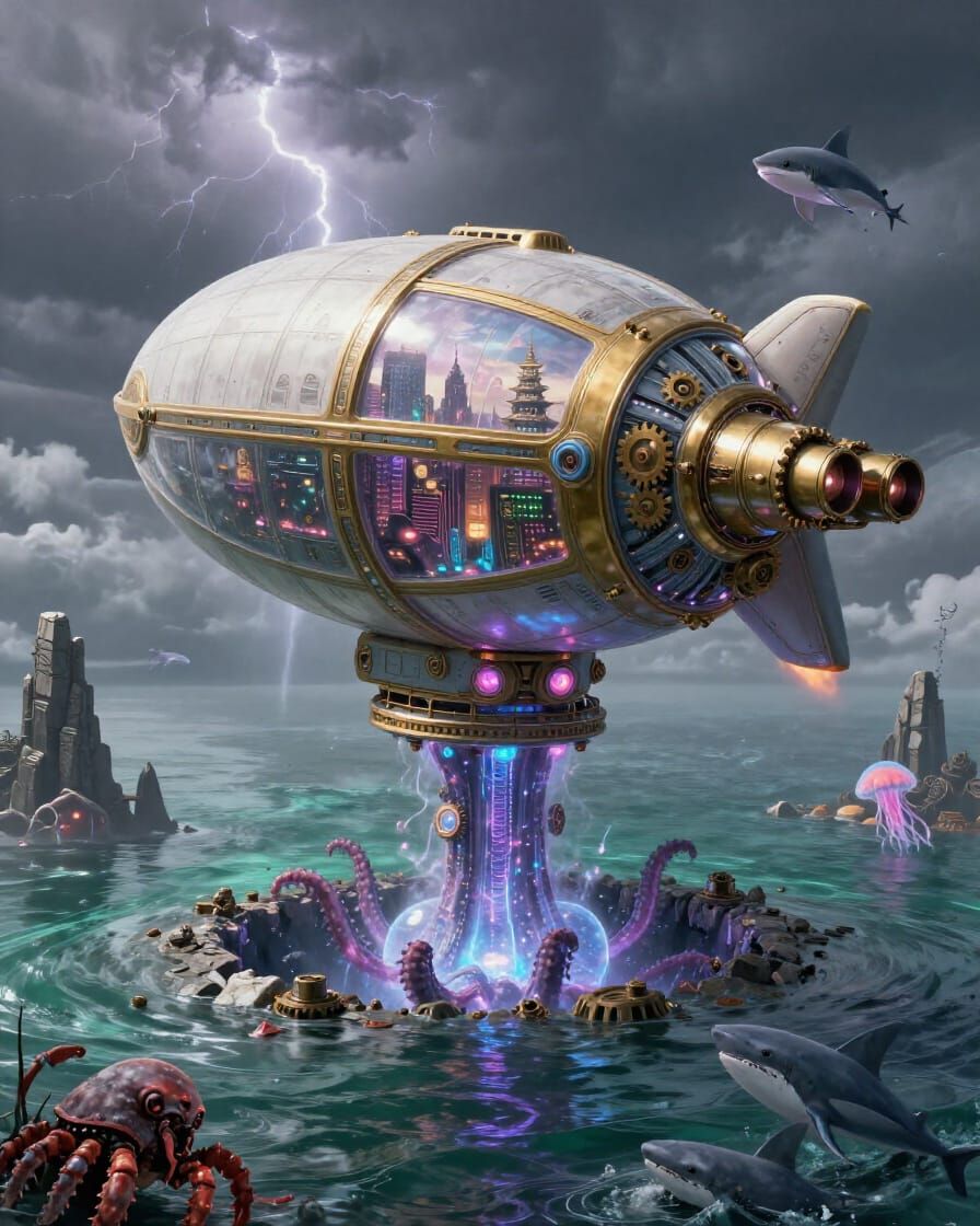 Cyber Nouveau Blimp Emerges From Polluted Ocean