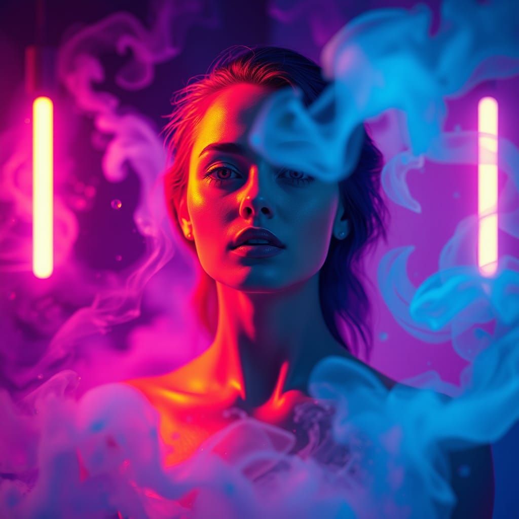 Surreal Woman in Misty Aura, Hyperrealistic 3D Art