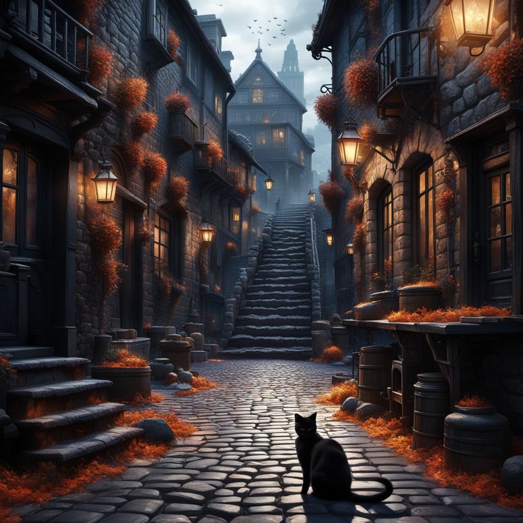 Black Cat Under Ladder: Detailed Matte Painting