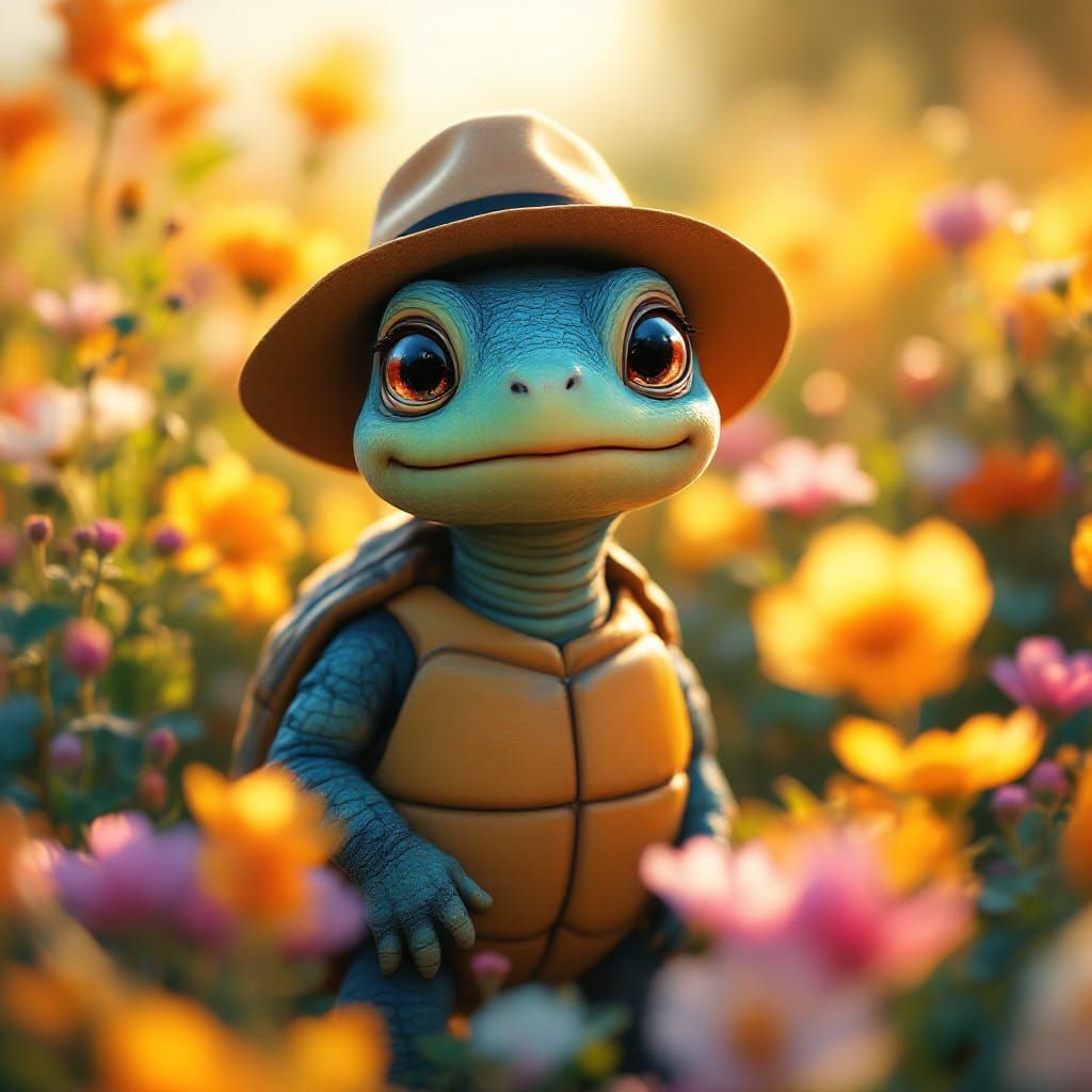 Anthropomorphic Tortoise in Flower Field Wearing Hat