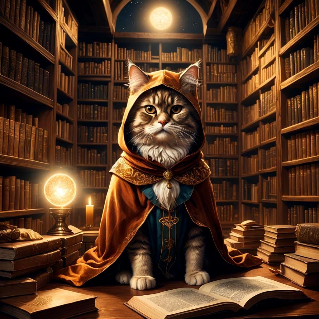 Whimsical Dnd Cat Unveils Ancient Tomes in Illuminated Libra...