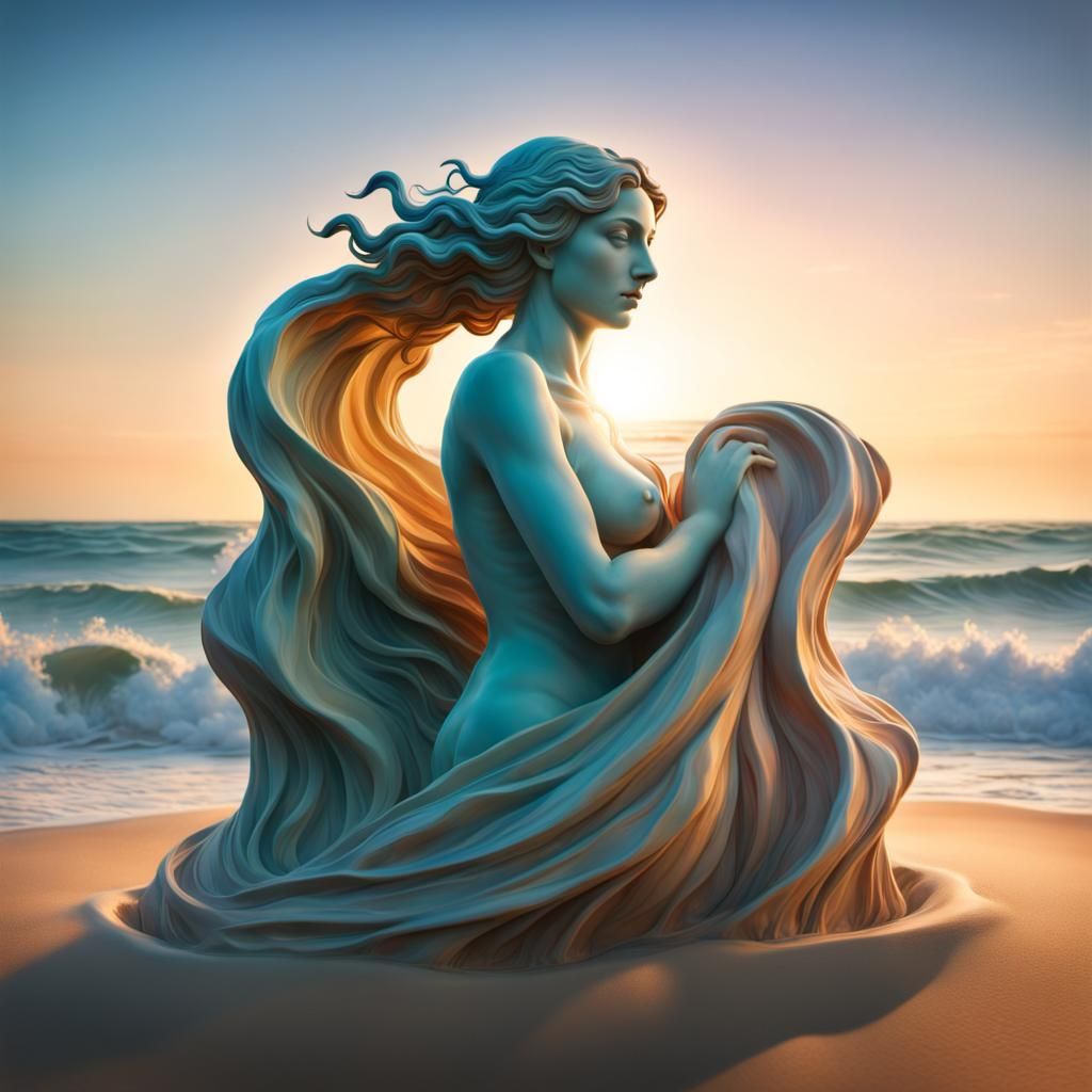 A beach sand sculpture of Botticelli's Venus rising from the...