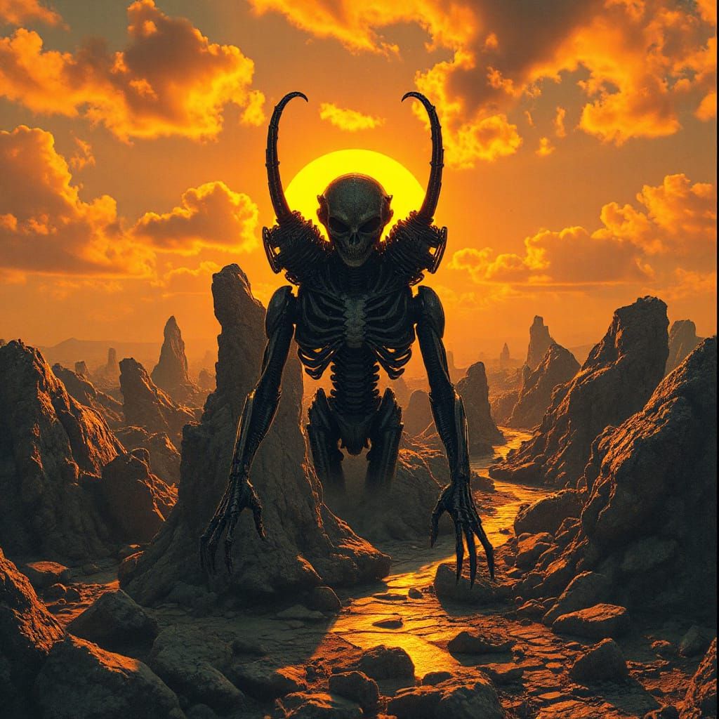 Surreal Golden Hour Dreamscape in H.R. Giger's Darkly Vibran...