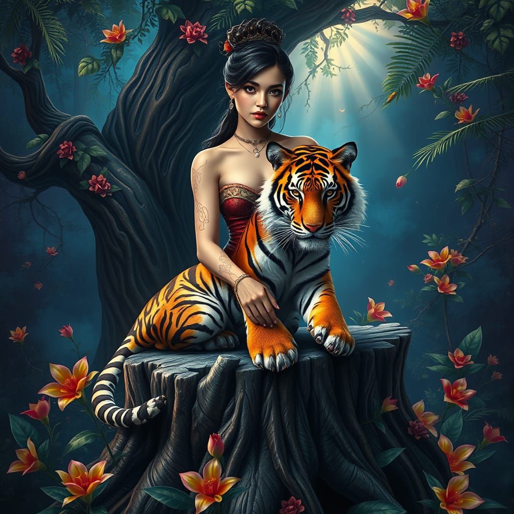 Mystical Tiger Goddess on Ancient Tree Stump
