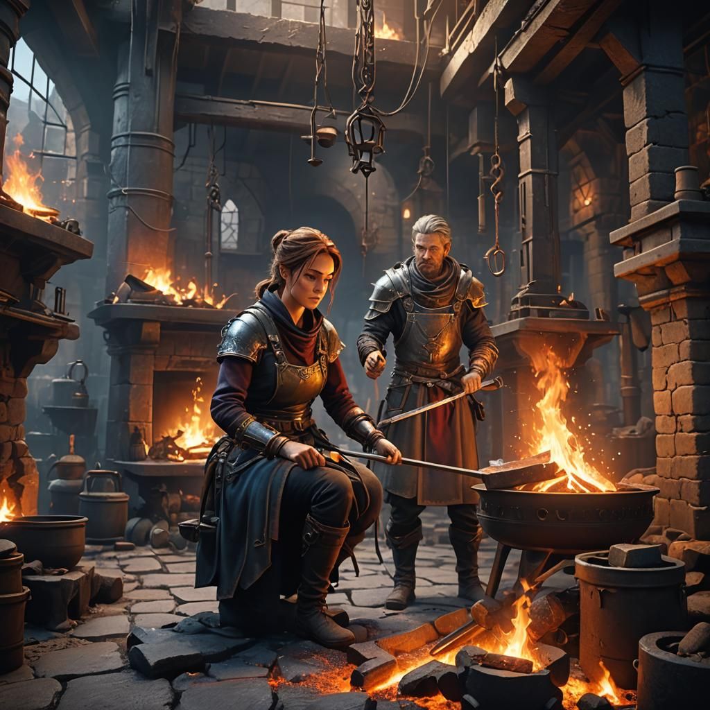 Strong Woman in Forge: Detailed Matte Painting