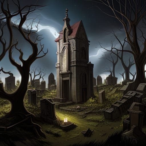 Sinister Graveyard at Night with Lightning