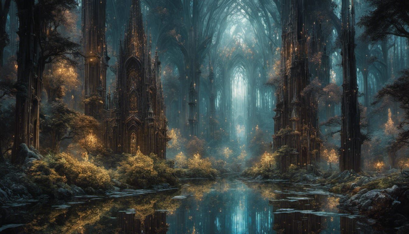 dark, light reflecting glitter cathedral, forest, mystery, sparkly shiny reflections, by Monge, Seveso, Erin Hanson, Jer...