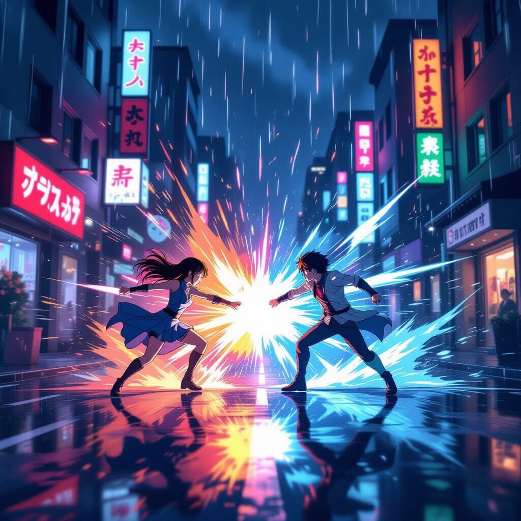 Anime Battle Scene in Neon-Lit Rainy City