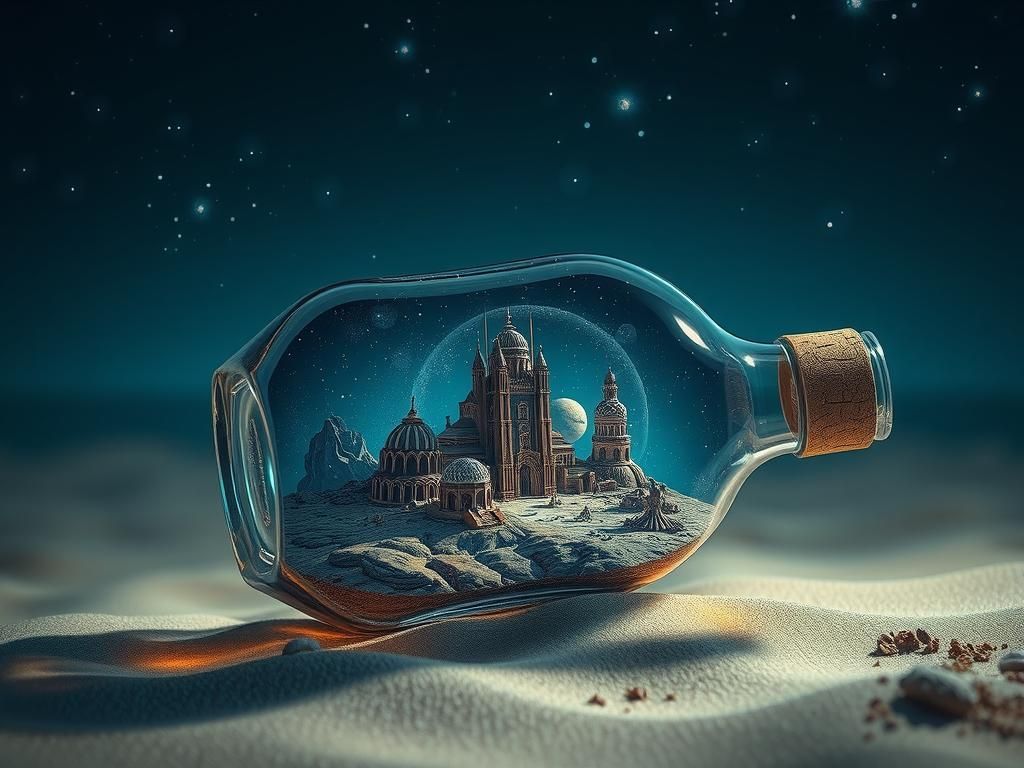 Miniature Alien Civilization in a Bottle on Sandy Beach