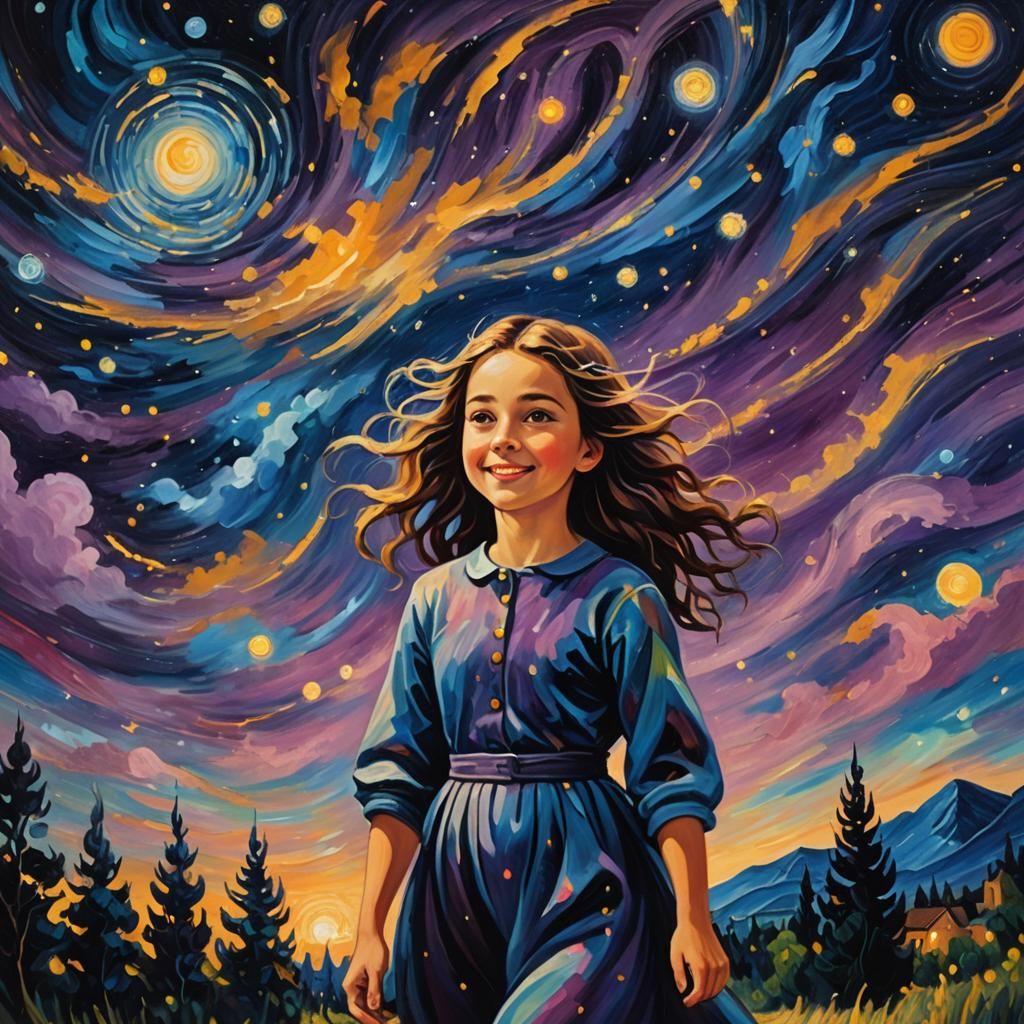 Girl Walks Under Starry Sky: Surreal Oil Painting