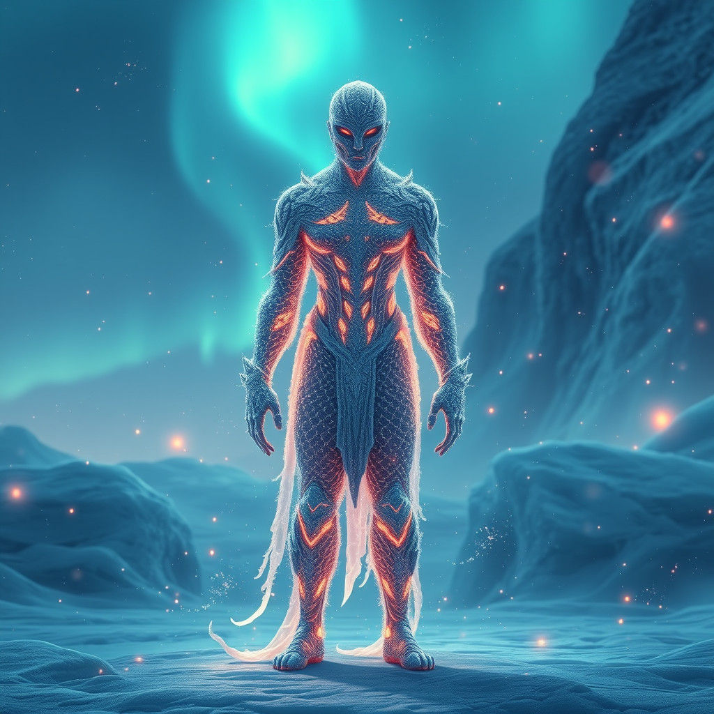 Snow Humanoid in Mystical Aurora Landscape