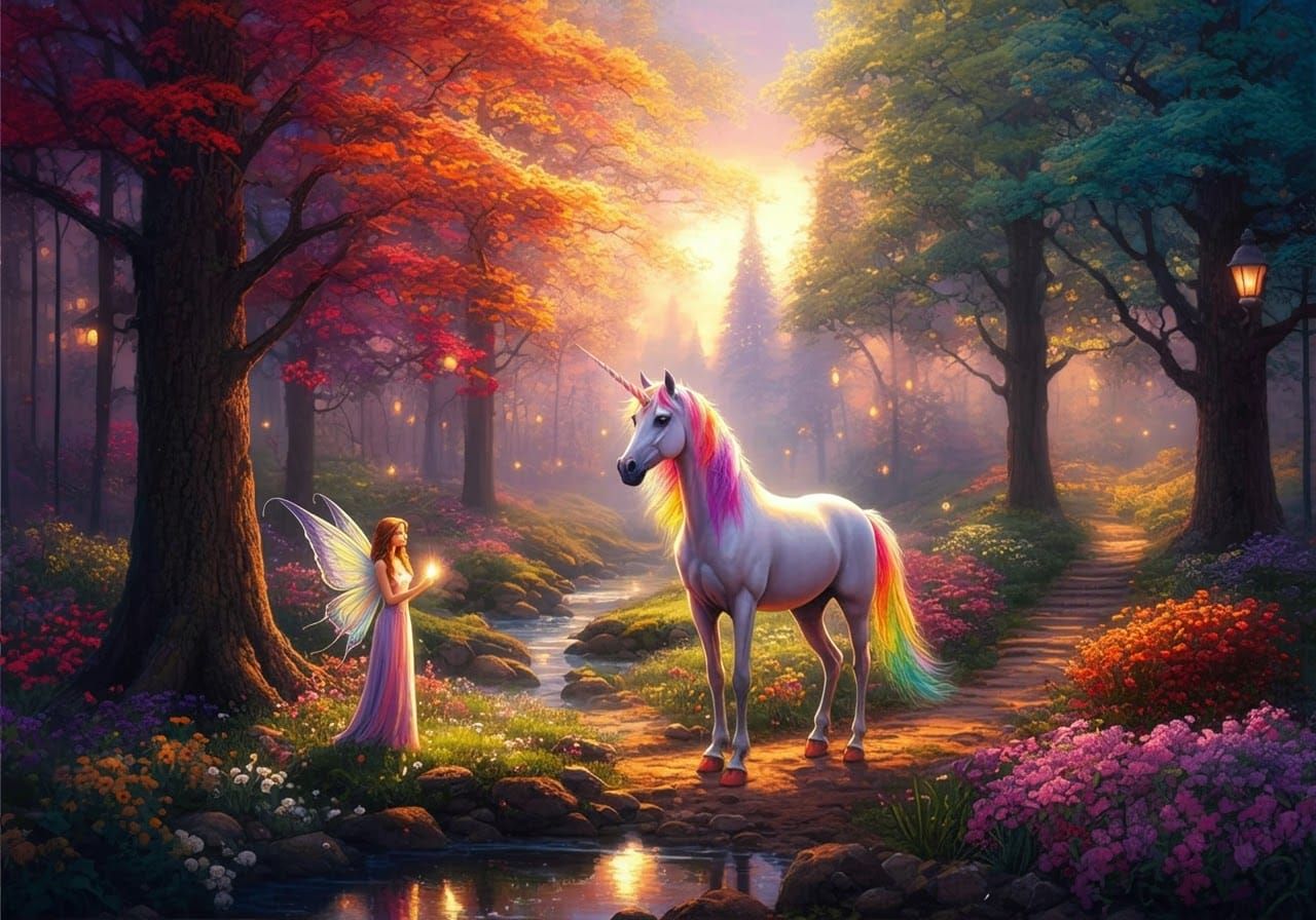 Enchanting Forest Scene with Unicorn and Fairy