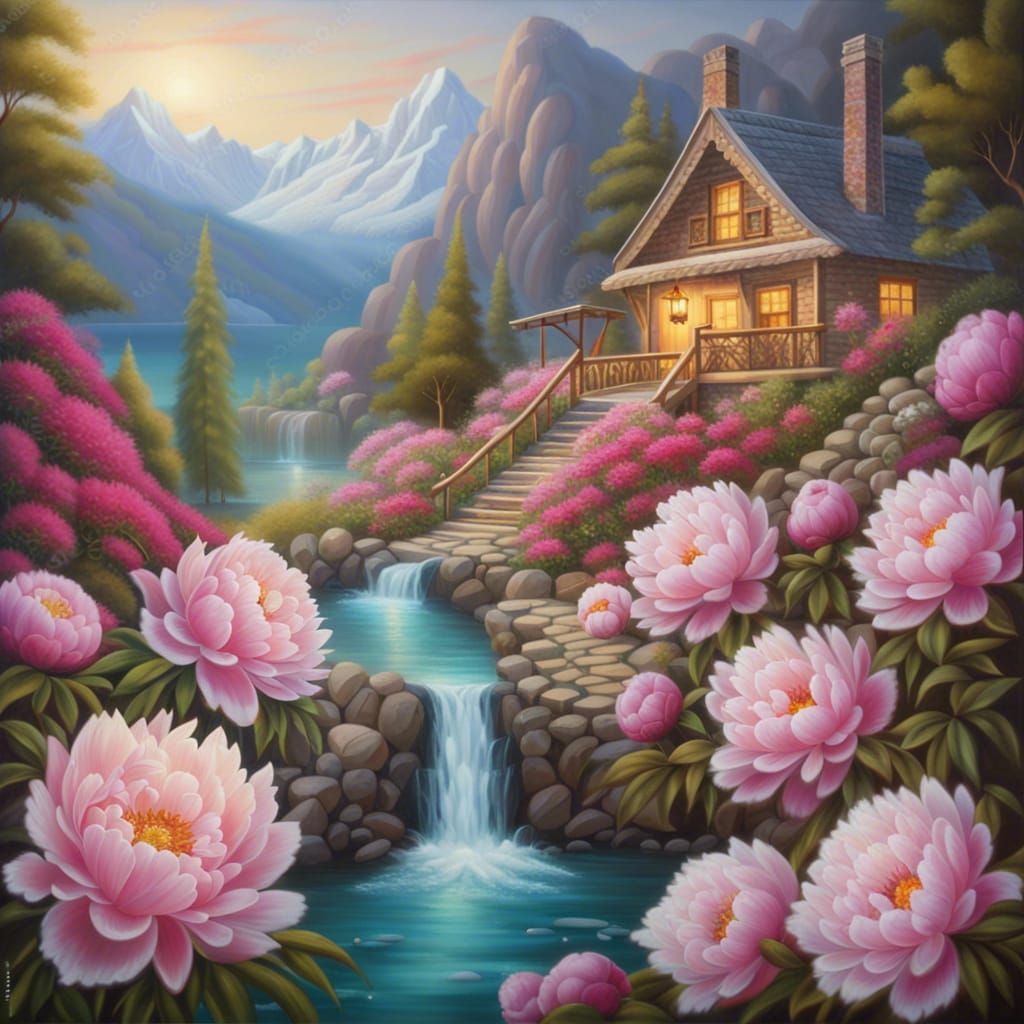 Glowing Peonies Lead to Mountain Landscape, Oil Painting