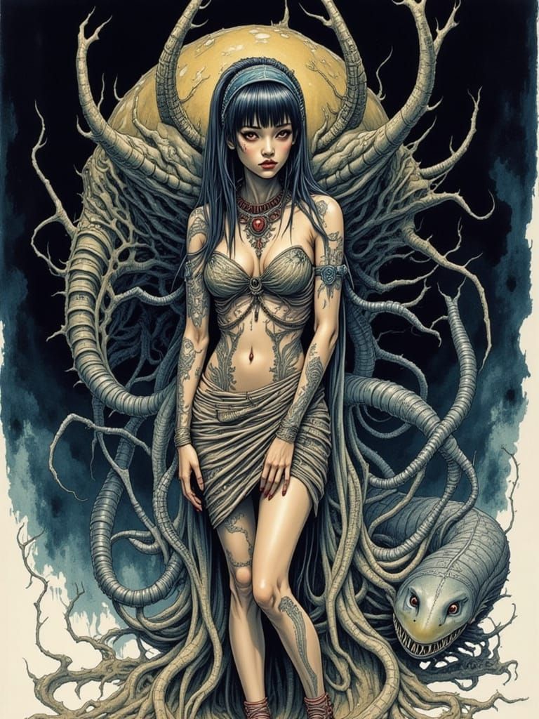 Megalodon and Woman in Watercolour Pinup Style