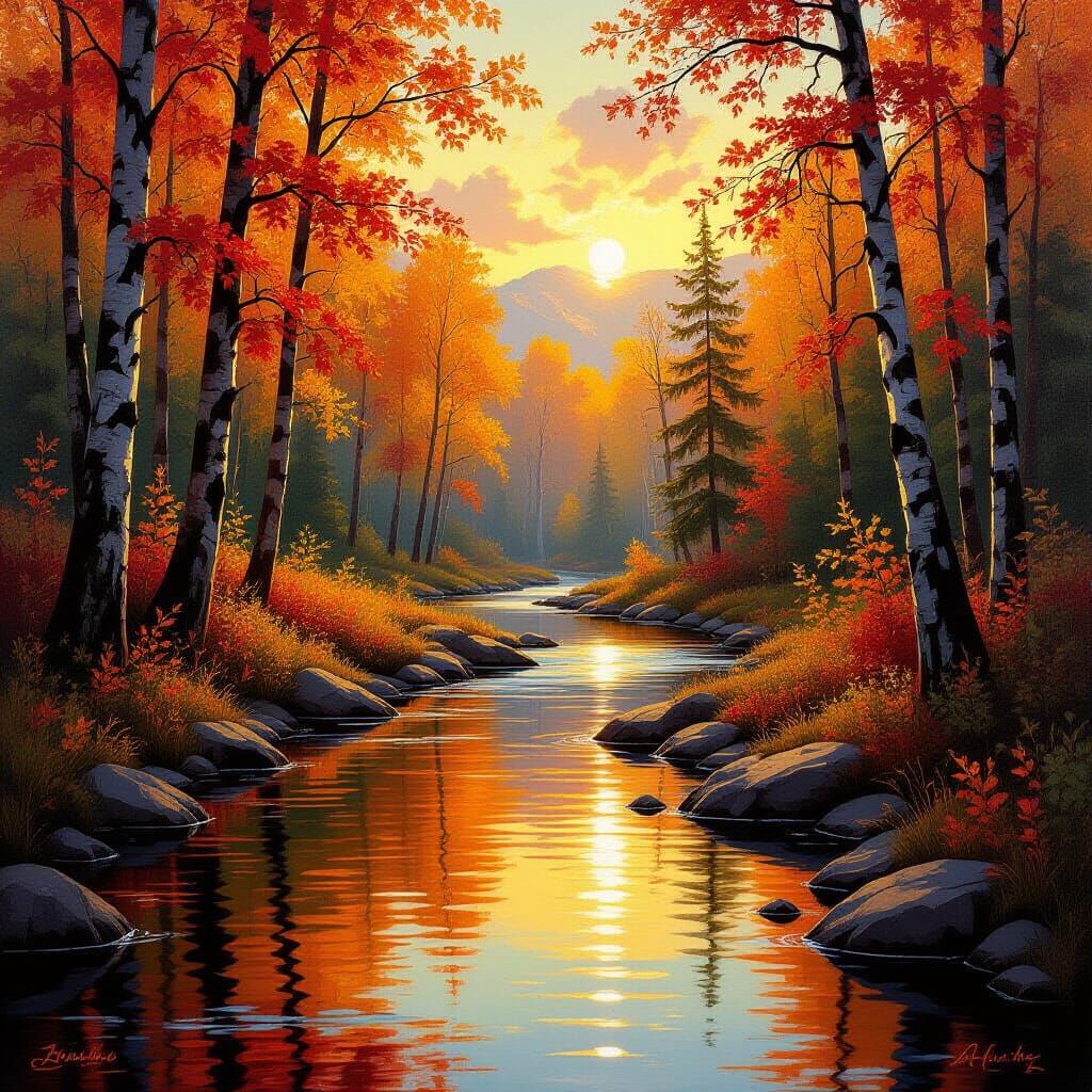 Autumn Forest River in Romantic Landscape Style