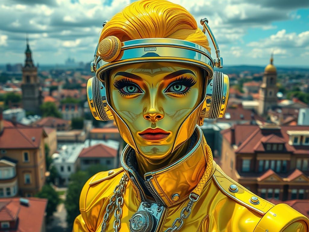 Baroque Android with Iridium Jumpsuit and Panoramic View