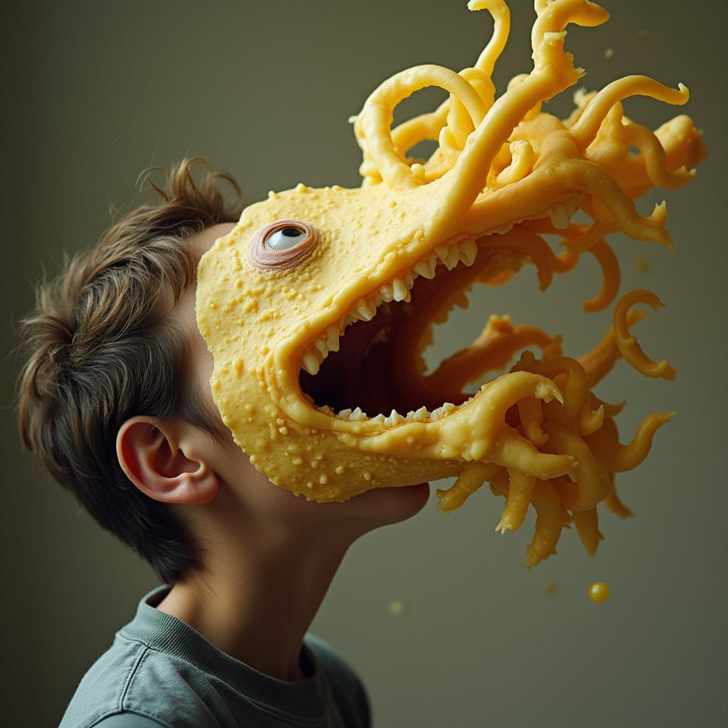 Surreal Scene of a Person with Cheese Tentacles Escaping
