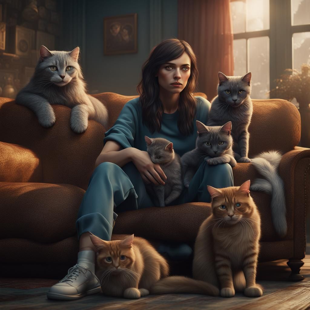 Sad Brunette with Cats: Detailed Matte Painting