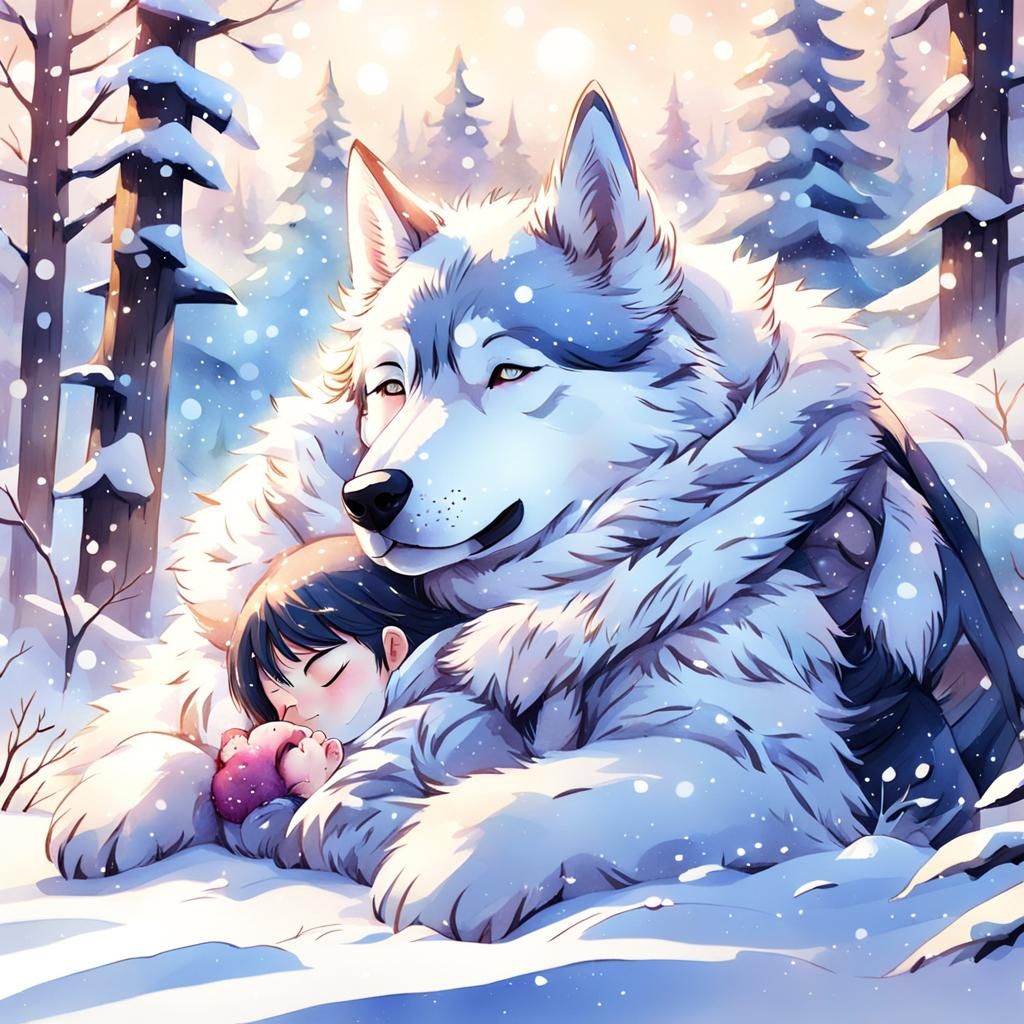 Baby on Husky Back in Watercolor Anime Style