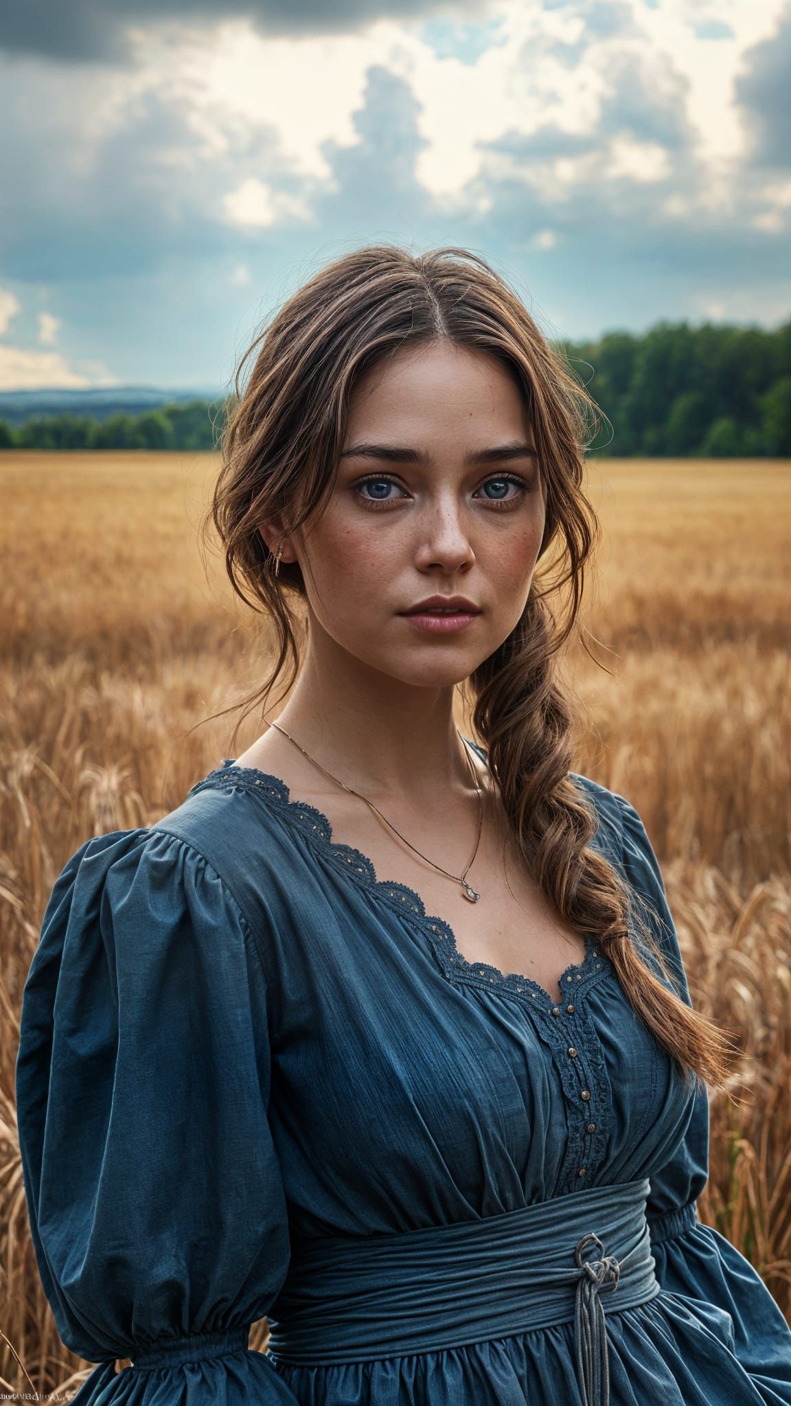 Beautiful Lady in Wheat Field: Art Nouveau Portrait